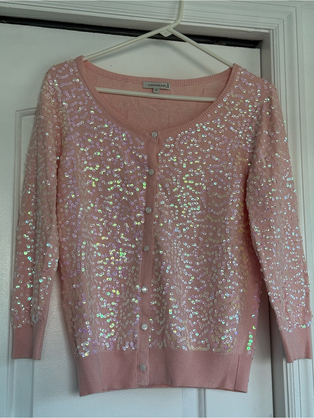 Boston Proper Pink Iridescent Sequin Button-Front Cardigan